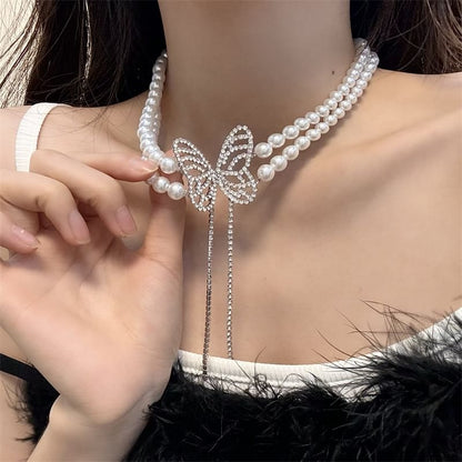 Rhinestone Alloy Butterfly Pearl Choker Faux