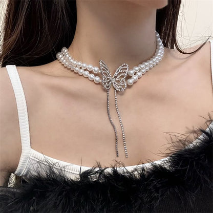 Rhinestone Alloy Butterfly Pearl Choker Faux