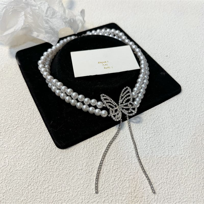 Rhinestone Alloy Butterfly Pearl Choker Faux