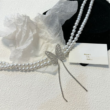 Rhinestone Alloy Butterfly Pearl Choker Faux