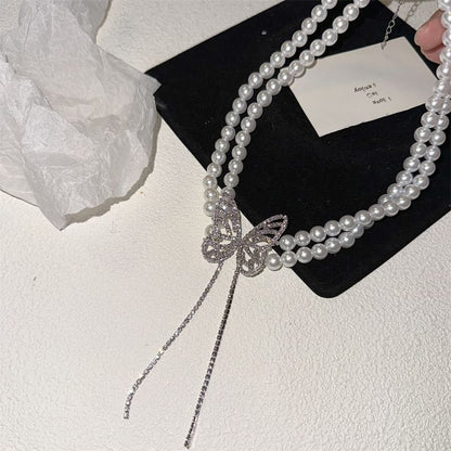 Rhinestone Alloy Butterfly Pearl Choker Faux