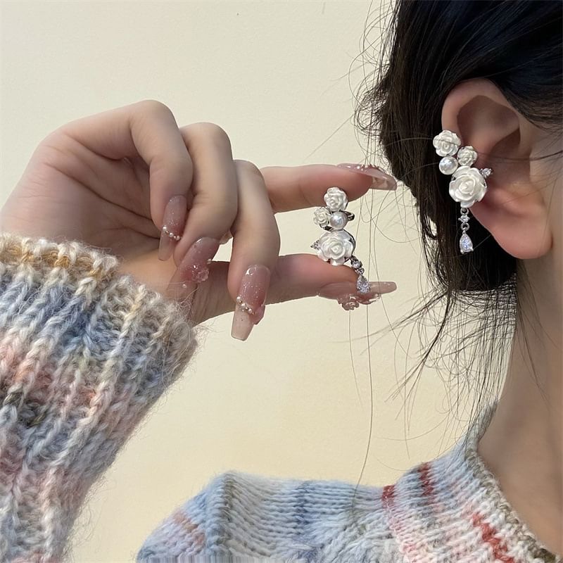 Ear Pearl Floral Cuff Faux Alloy