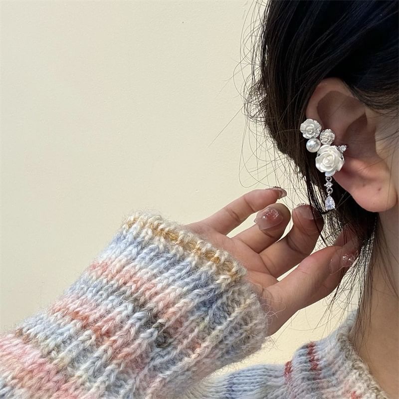 Ear Pearl Floral Cuff Faux Alloy