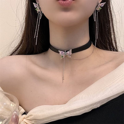 Leather Choker Earring Butterfly Faux Alloy / Threader