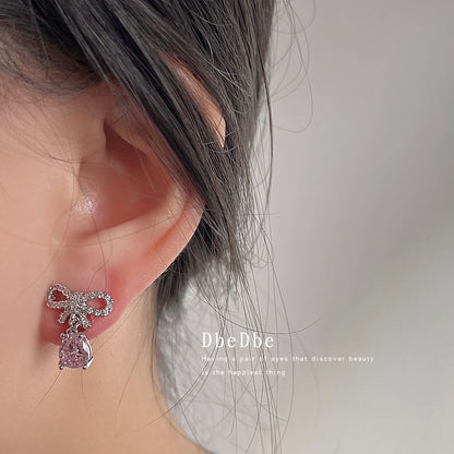 Rhinestone Drop Alloy Bow Earring