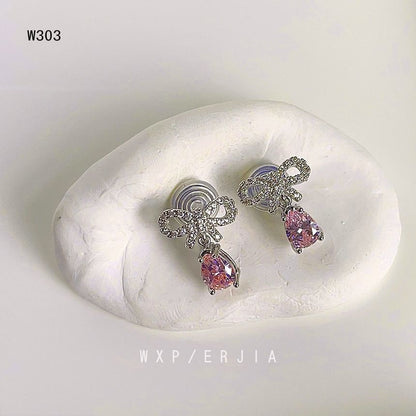 Rhinestone Drop Alloy Bow Earring