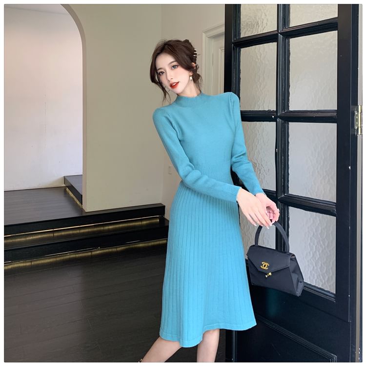 Long-Sleeve Mock Neck Plain A-Line Sweater Dress