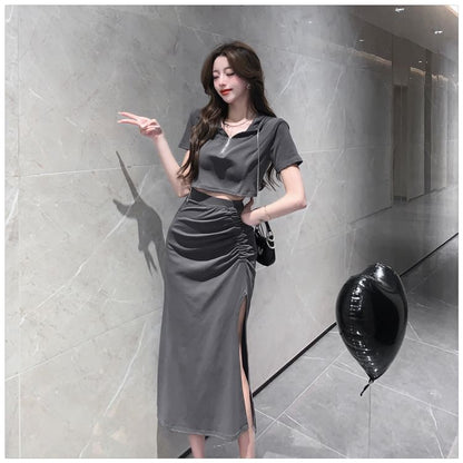 Set: Short-Sleeve Plain Hooded Cropped Tee + High Rise Side-Slit Midi Pencil Skirt