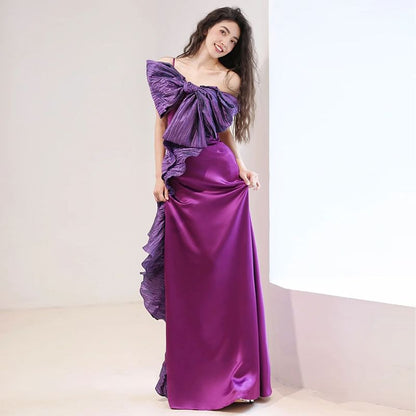 Spaghetti Strap One-Shoulder Two Tone Bow Accent Ruffle Trim A-Line Satin Evening Gown