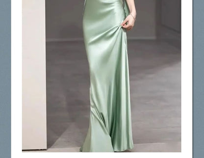 Sleeveless V-Neck Plain Open Back Satin Mermaid Evening Gown