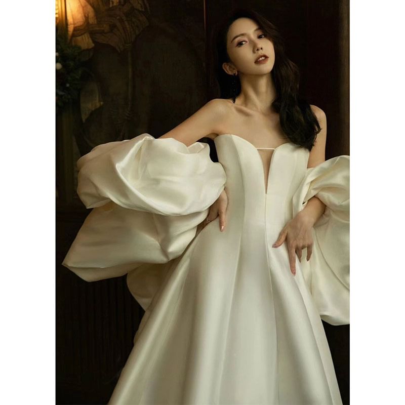 Set: Strapless Sweetheart Neckline Plain Trained Satin A-Line Ball Gown + Shawl