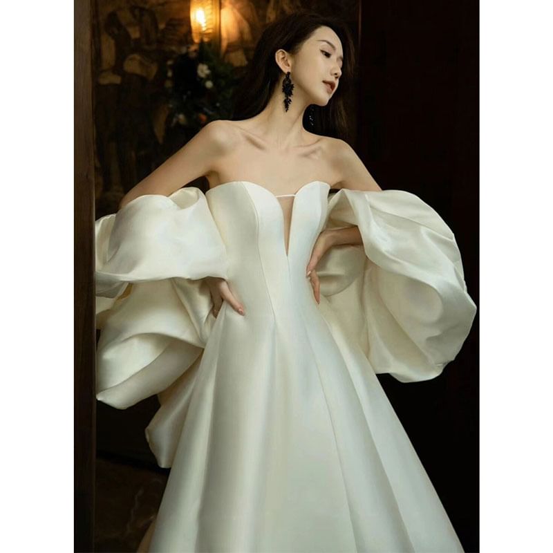 Set: Strapless Sweetheart Neckline Plain Trained Satin A-Line Ball Gown + Shawl