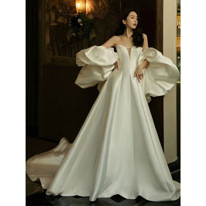 Set: Strapless Sweetheart Neckline Plain Trained Satin A-Line Ball Gown + Shawl