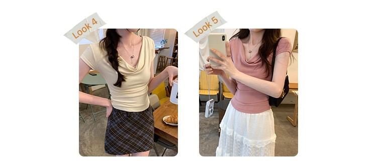 Off-Shoulder Tee Short-Sleeve Crop Ruched Plain