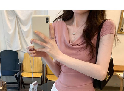 Off-Shoulder Tee Short-Sleeve Crop Ruched Plain