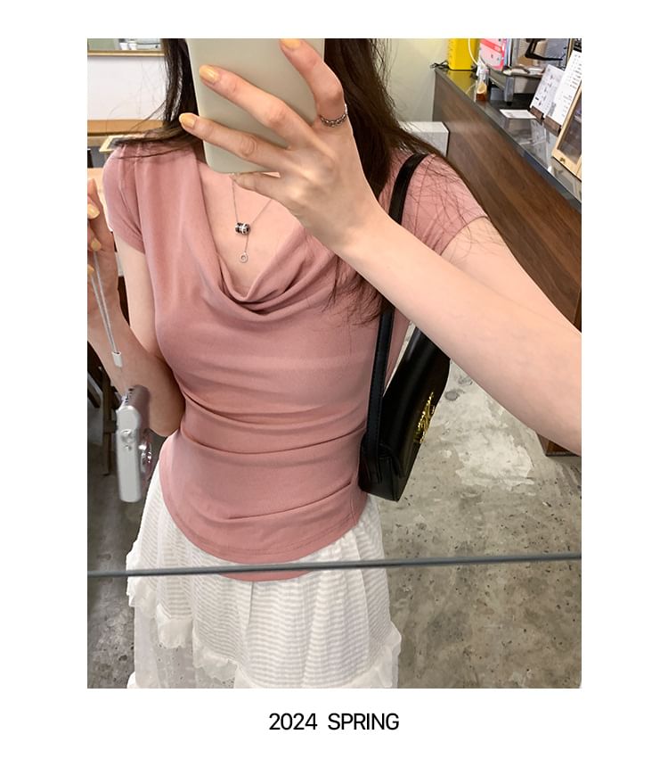 Off-Shoulder Tee Short-Sleeve Crop Ruched Plain