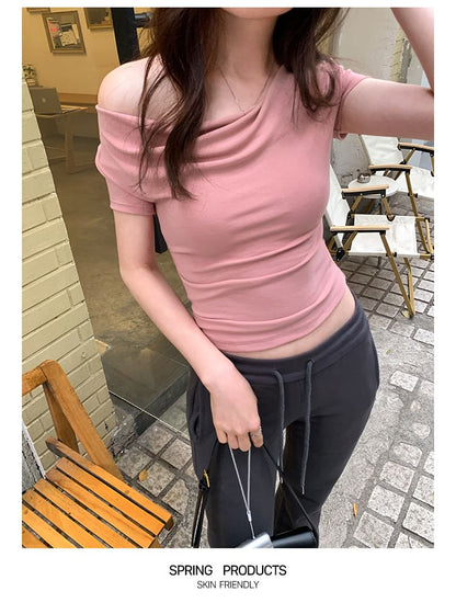 Off-Shoulder Tee Short-Sleeve Crop Ruched Plain