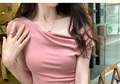 Off-Shoulder Tee Short-Sleeve Crop Ruched Plain