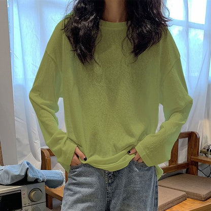 Oversized Neck Long-Sleeve Crew Tee Plain