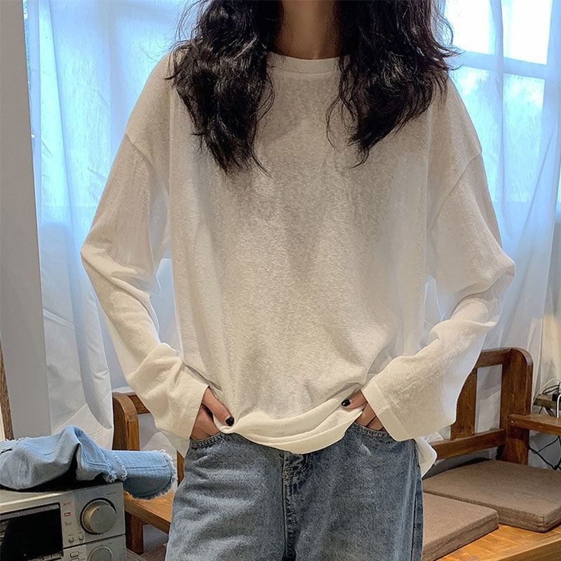 Oversized Neck Long-Sleeve Crew Tee Plain