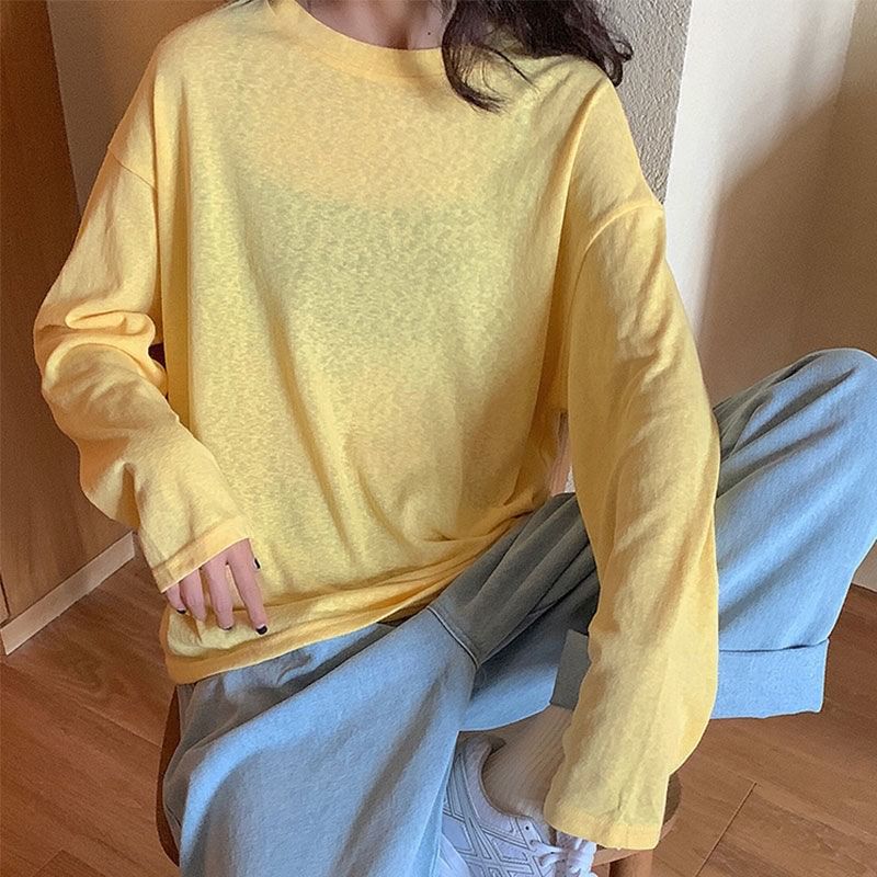 Oversized Neck Long-Sleeve Crew Tee Plain
