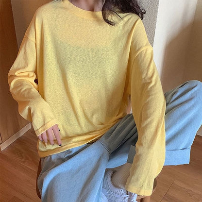 Oversized Neck Long-Sleeve Crew Tee Plain