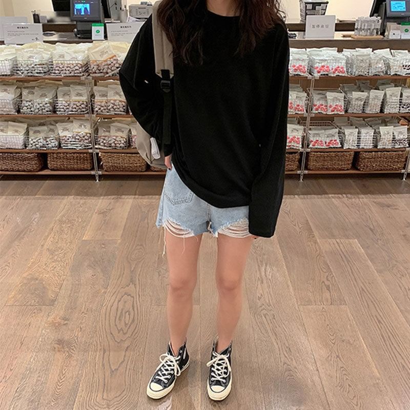 Oversized Neck Long-Sleeve Crew Tee Plain