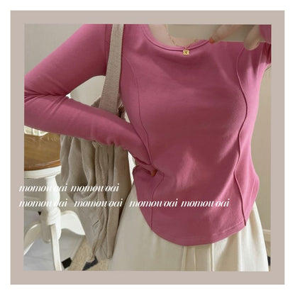 Asymmetrical Long-Sleeve Neck Plain Scoop T-Shirt