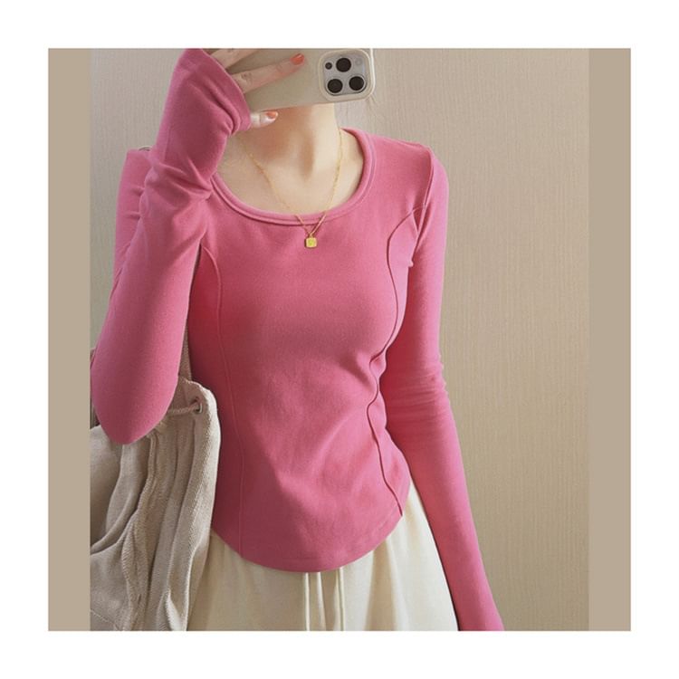 Asymmetrical Long-Sleeve Neck Plain Scoop T-Shirt