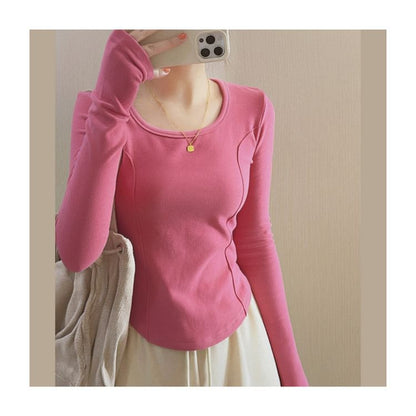 Asymmetrical Long-Sleeve Neck Plain Scoop T-Shirt