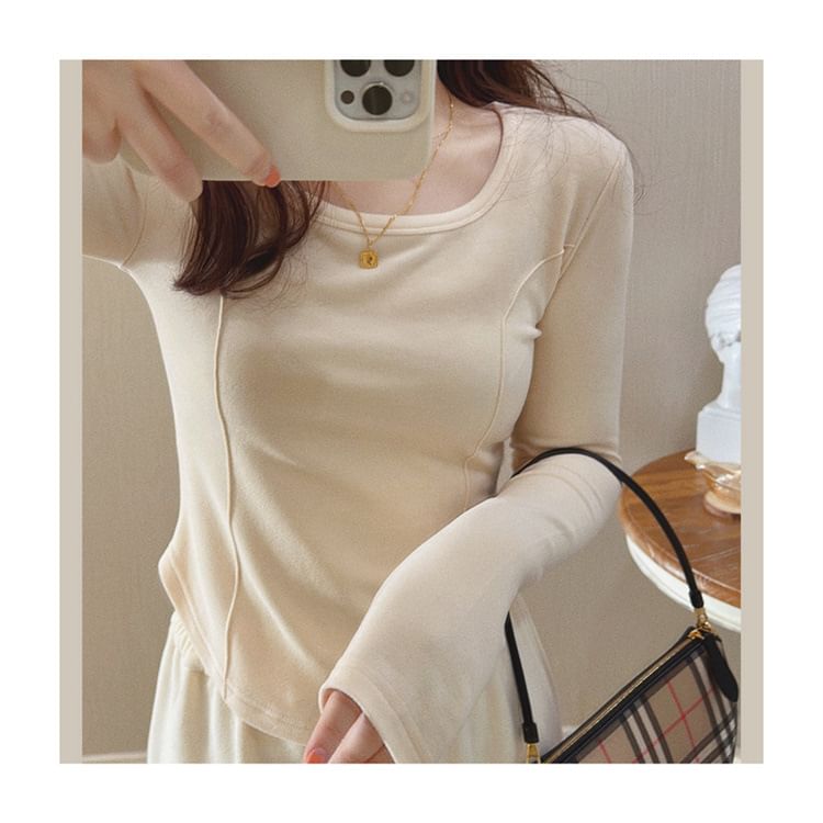 Asymmetrical Long-Sleeve Neck Plain Scoop T-Shirt