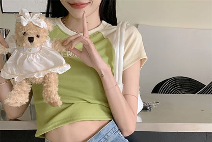 Embroidered Letter T-Shirt Crew Cropped Neck Short-Sleeve