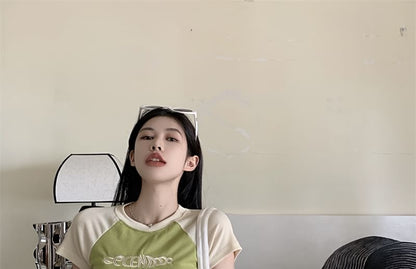 Embroidered Letter T-Shirt Crew Cropped Neck Short-Sleeve