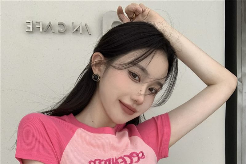 Embroidered Letter T-Shirt Crew Cropped Neck Short-Sleeve