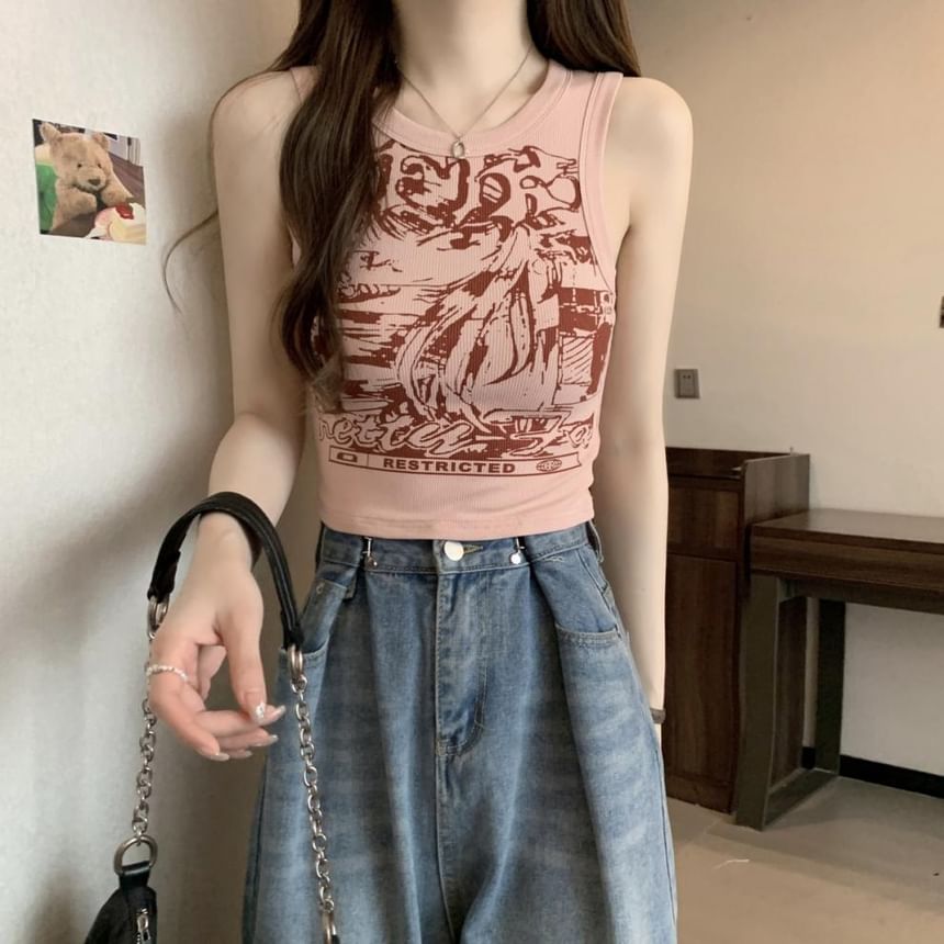 Round Tank Graphic Print Top Crop Neck