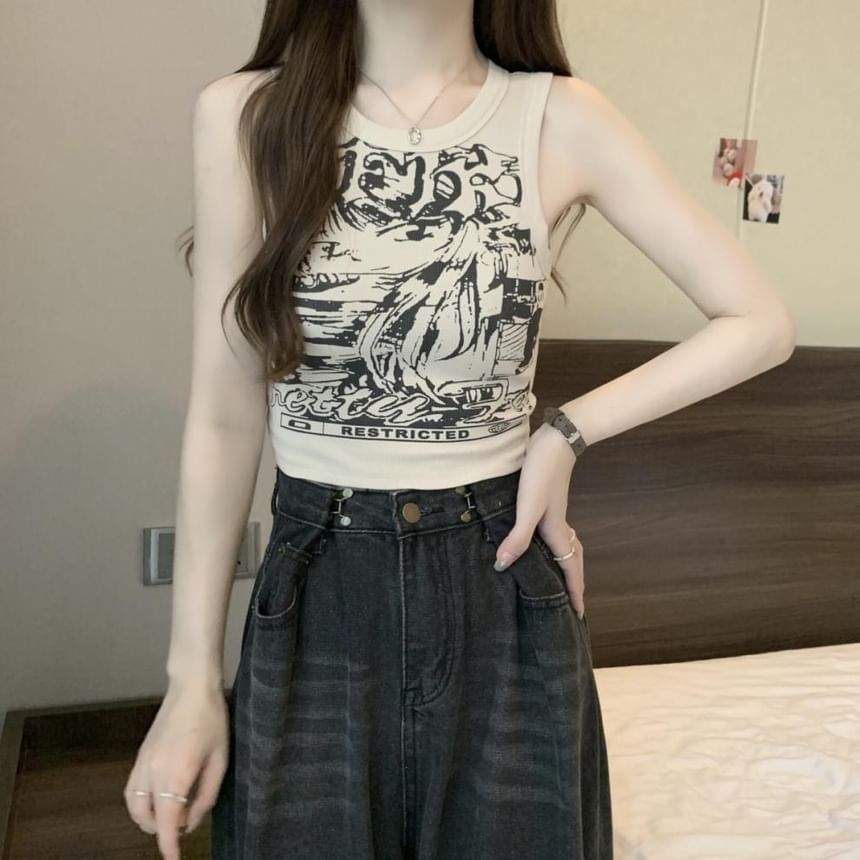 Round Tank Graphic Print Top Crop Neck