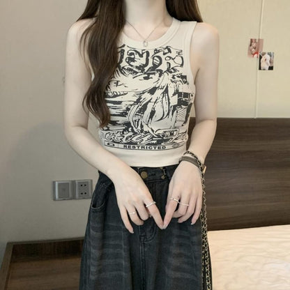 Round Tank Graphic Print Top Crop Neck