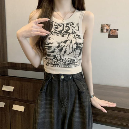 Round Tank Graphic Print Top Crop Neck