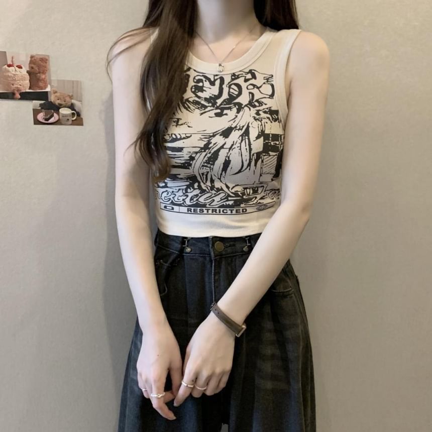 Round Tank Graphic Print Top Crop Neck