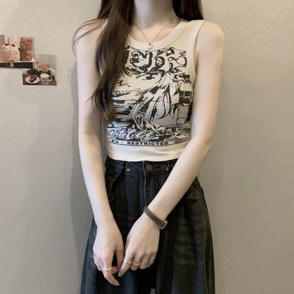 Round Tank Graphic Print Top Crop Neck