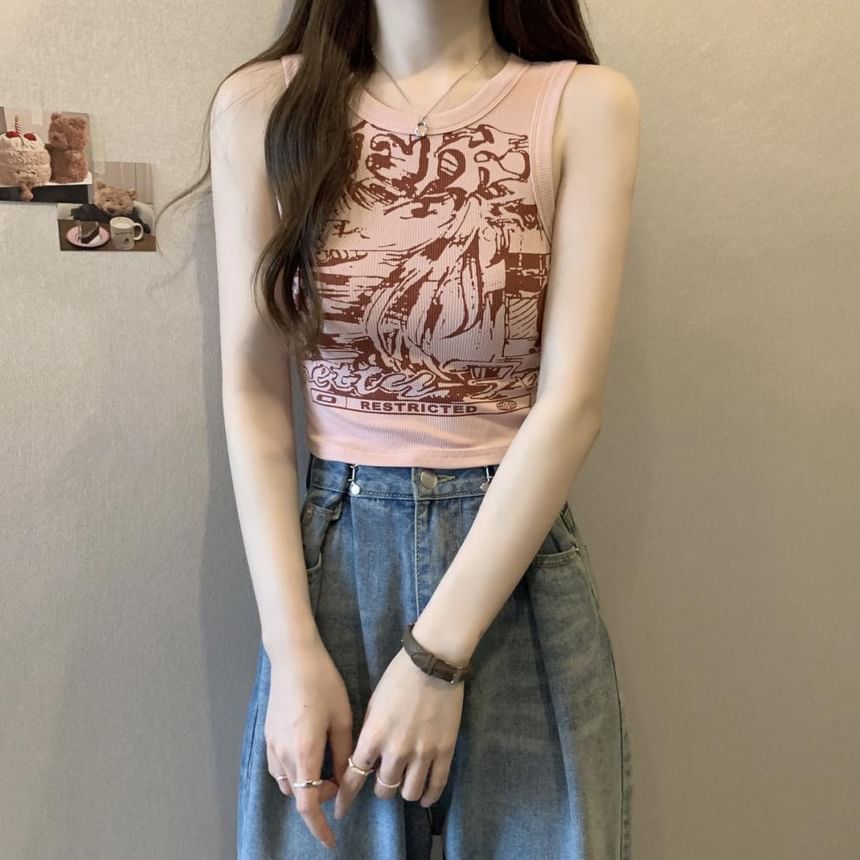 Round Tank Graphic Print Top Crop Neck