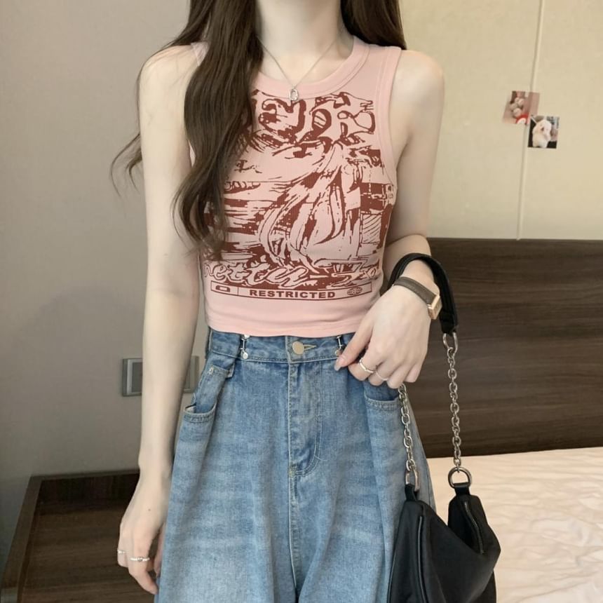 Round Tank Graphic Print Top Crop Neck