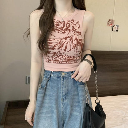 Round Tank Graphic Print Top Crop Neck