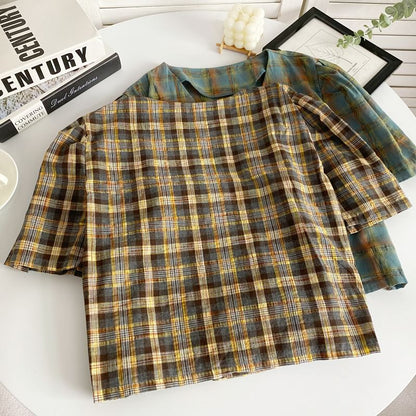 Short-Sleeve Double Breasted Plaid Shirt