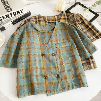 Short-Sleeve Double Breasted Plaid Shirt