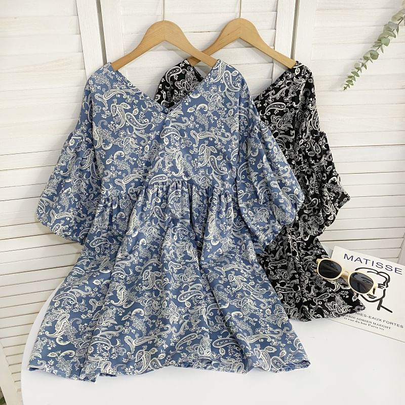 Elbow-Sleeve V-Neck Print Mini A-Line Dress