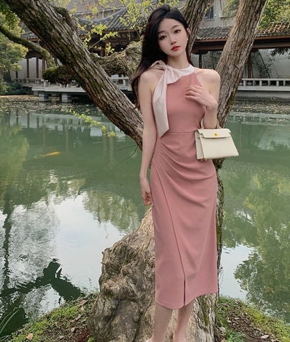 Halter Plain Bow Midi Sheath Dress