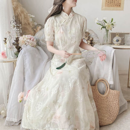 Puff-Sleeve Mock Neck Floral Maxi A-Line Dress