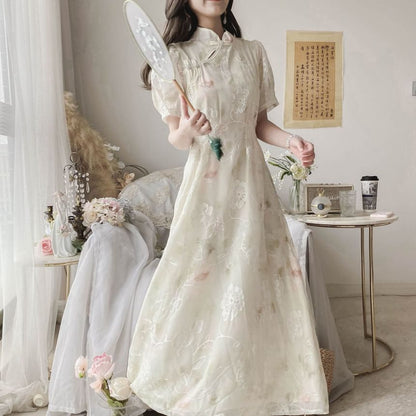 Puff-Sleeve Mock Neck Floral Maxi A-Line Dress