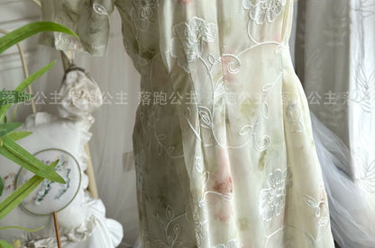 Puff-Sleeve Mock Neck Floral Maxi A-Line Dress